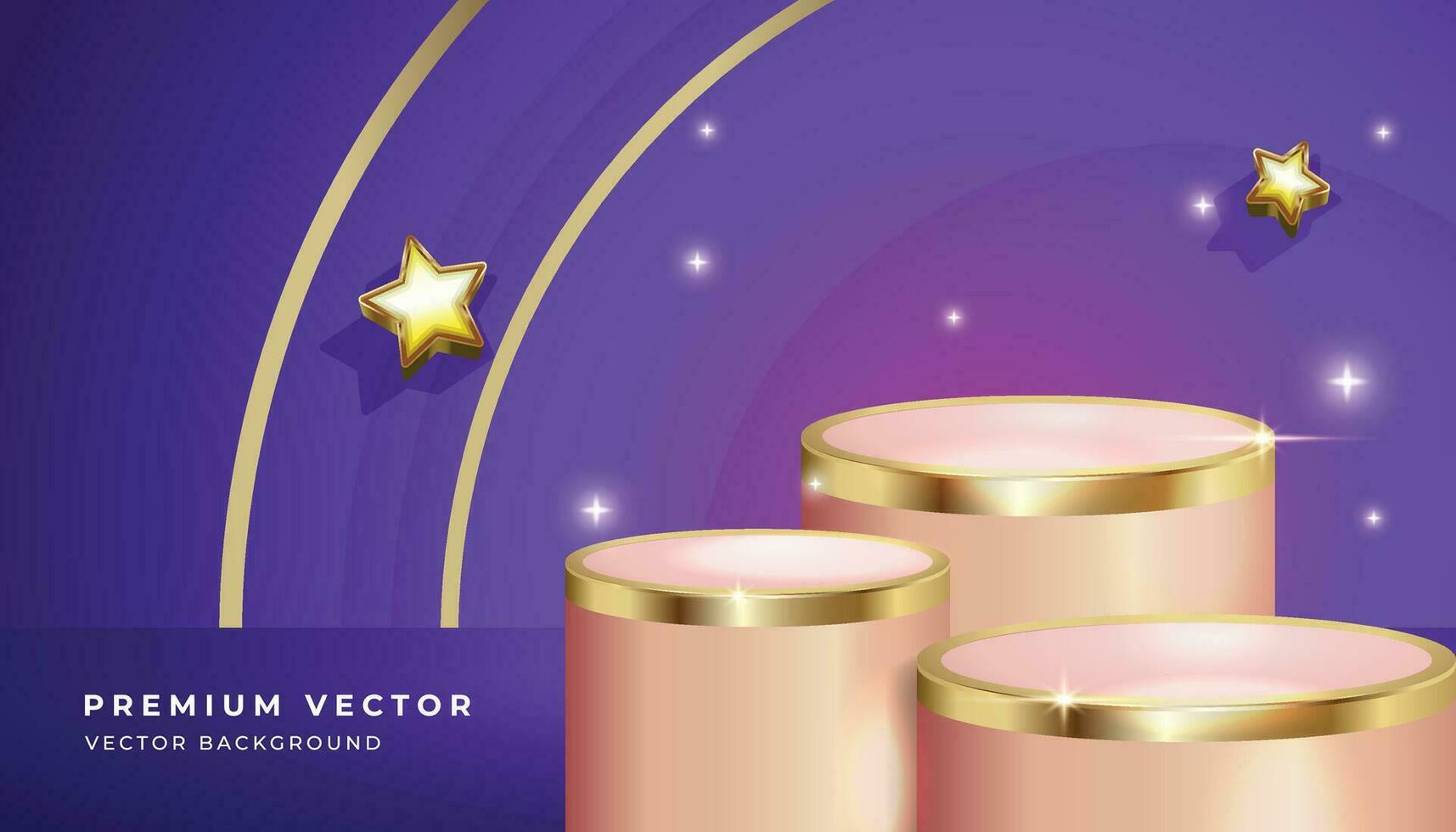 Pastel gold pink podium in purple blue background. Abstract vector geometric gold stars. Clean minimalist product display presentation