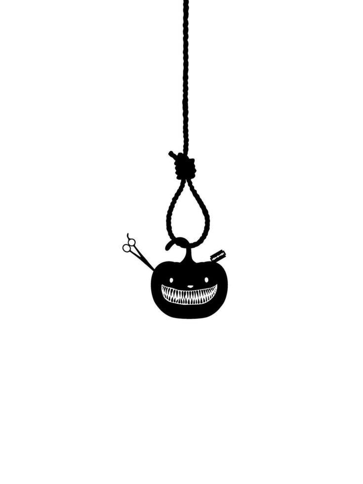 Scary Pumpkin with Razor Blade and Scissors hanging on gallows for sign, symbol and Halloween art illustration. Vector Illustration