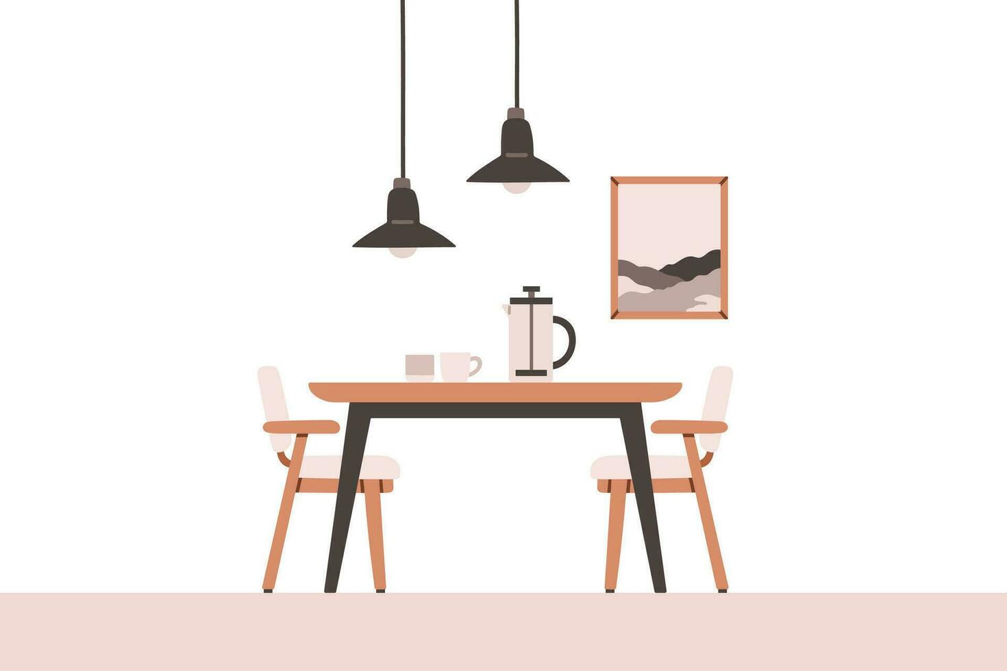 Dining table in kitchen with chairs, plates and wineglasses. Flat cartoon style vector illustration. Vector illustration