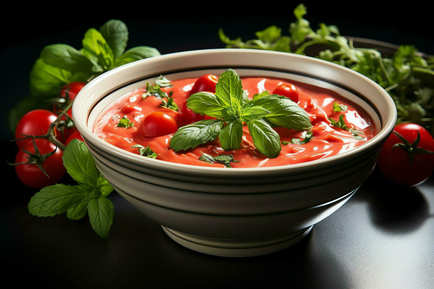 A delicious tomato soup food in a bowl. Winter food and healthy protein soup meal concept by AI Generated photo
