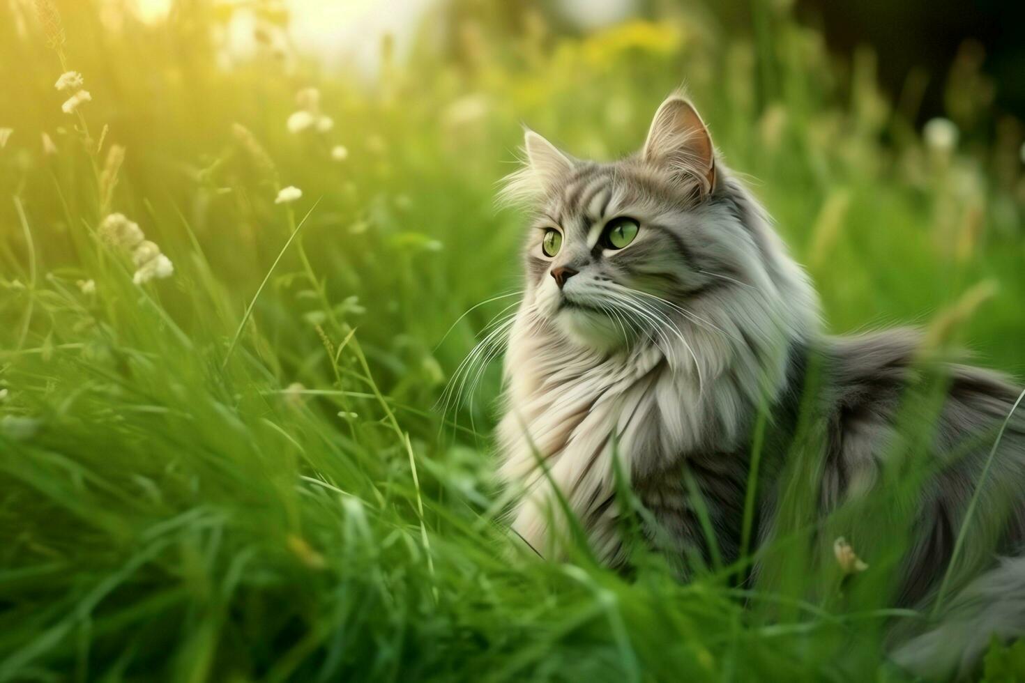 Cute cat look to the side and sitting in the garden or grass. Cat in ...