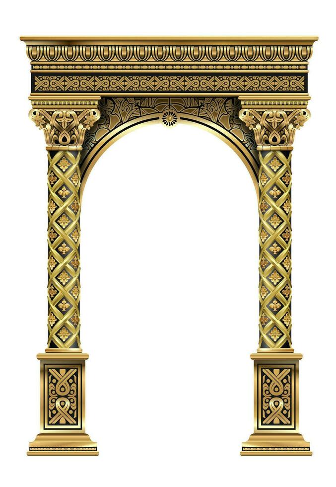 Portal de arco clásico de lujo dorado con columnas. vector