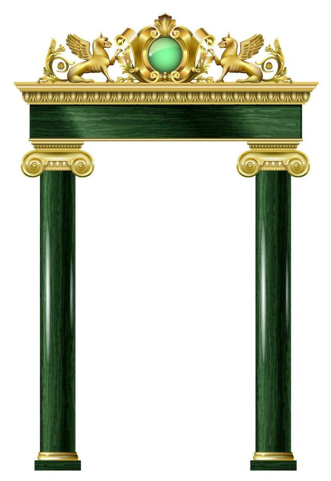 Portal de arco clásico de lujo dorado con columnas. vector