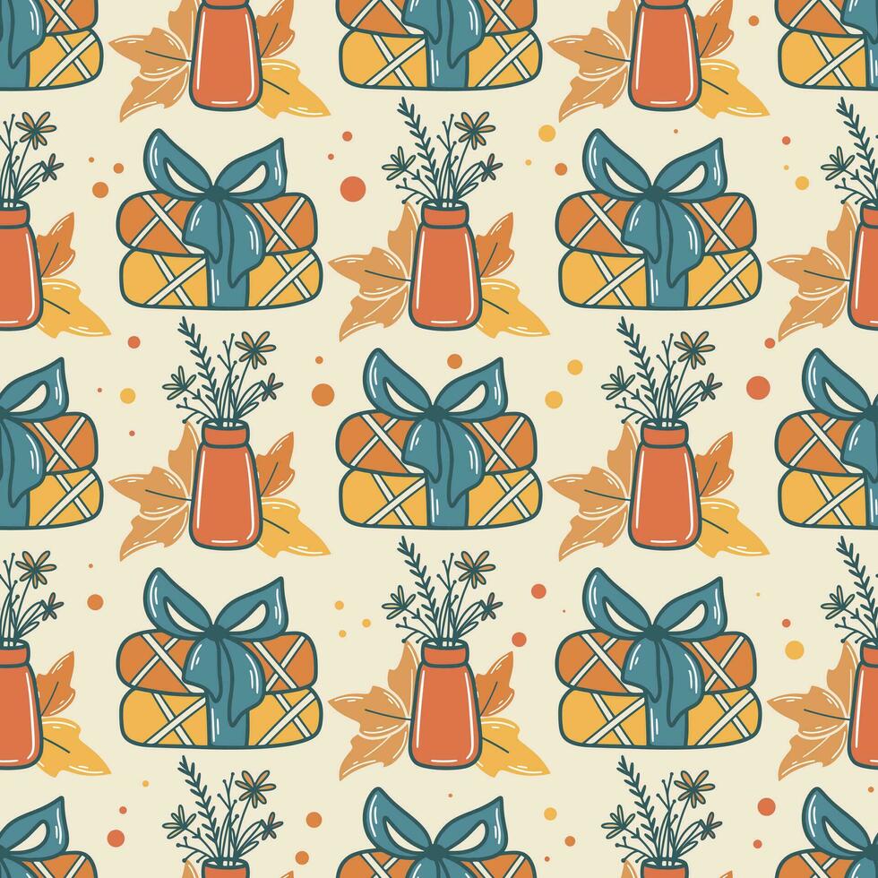Cozy autumn seamless pattern with leaves, warm plaid and flowers vector