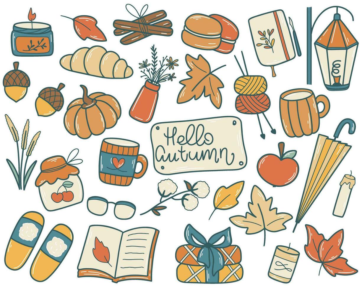 Cozy autumn doodle set vector illustration