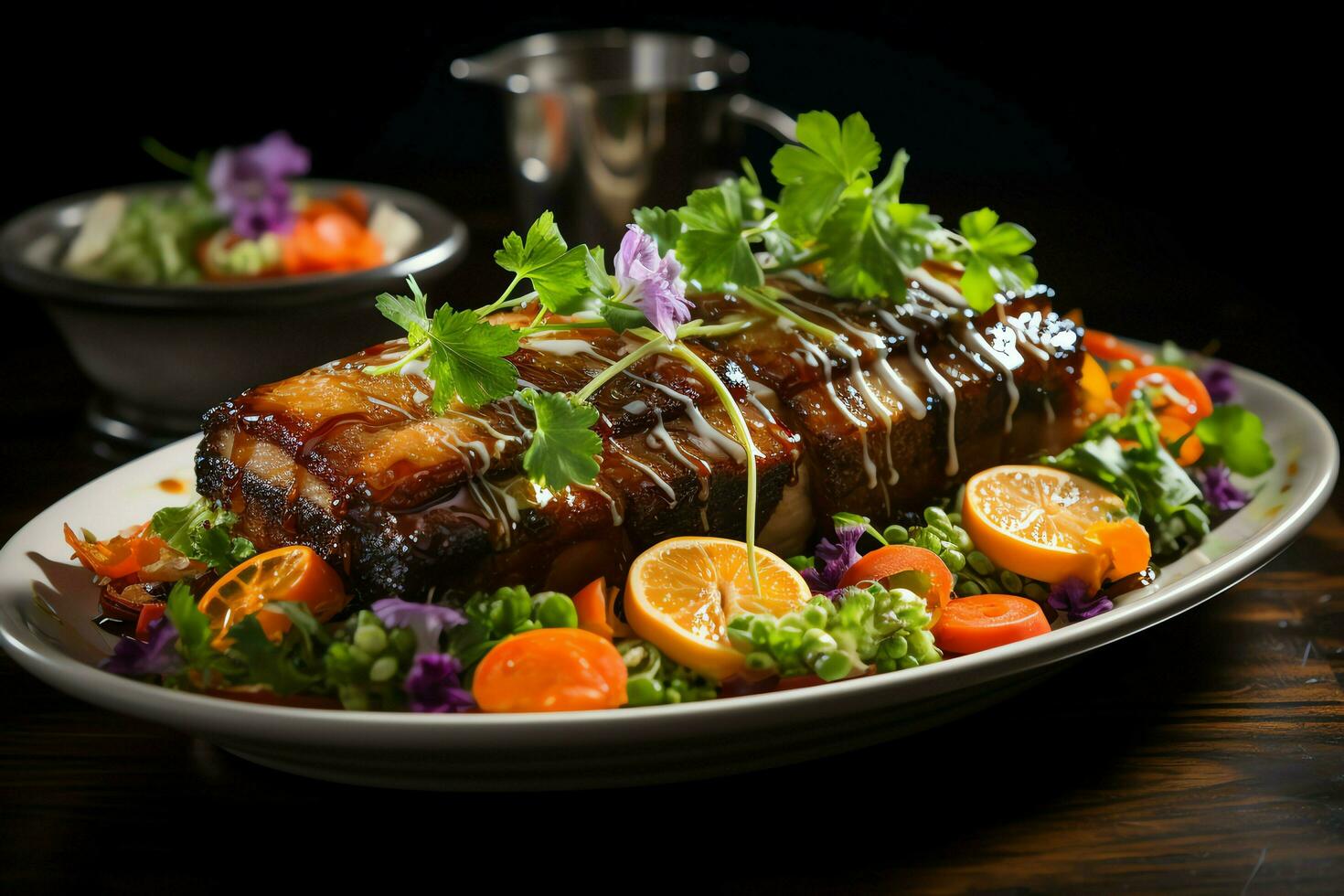 A delicious crispy pork belly fancy on plate. Restaurant food and asian cuisine concept by AI Generated photo