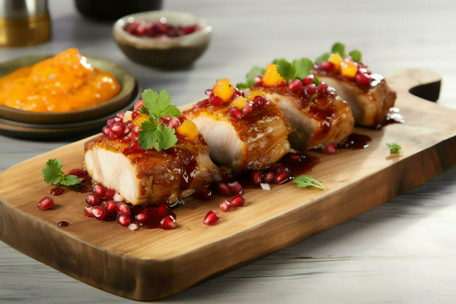 Pork belly braaivleis with mango and chili sauce served on a wooden plank. Restaurant food concept by AI Generated photo