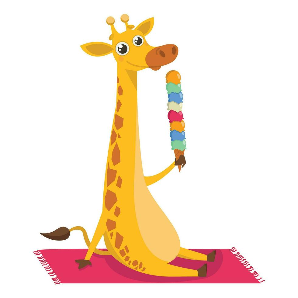 Giraffe is sitting on a blanket or towel, eating a large multi-colored ice cream. Vector graphic.