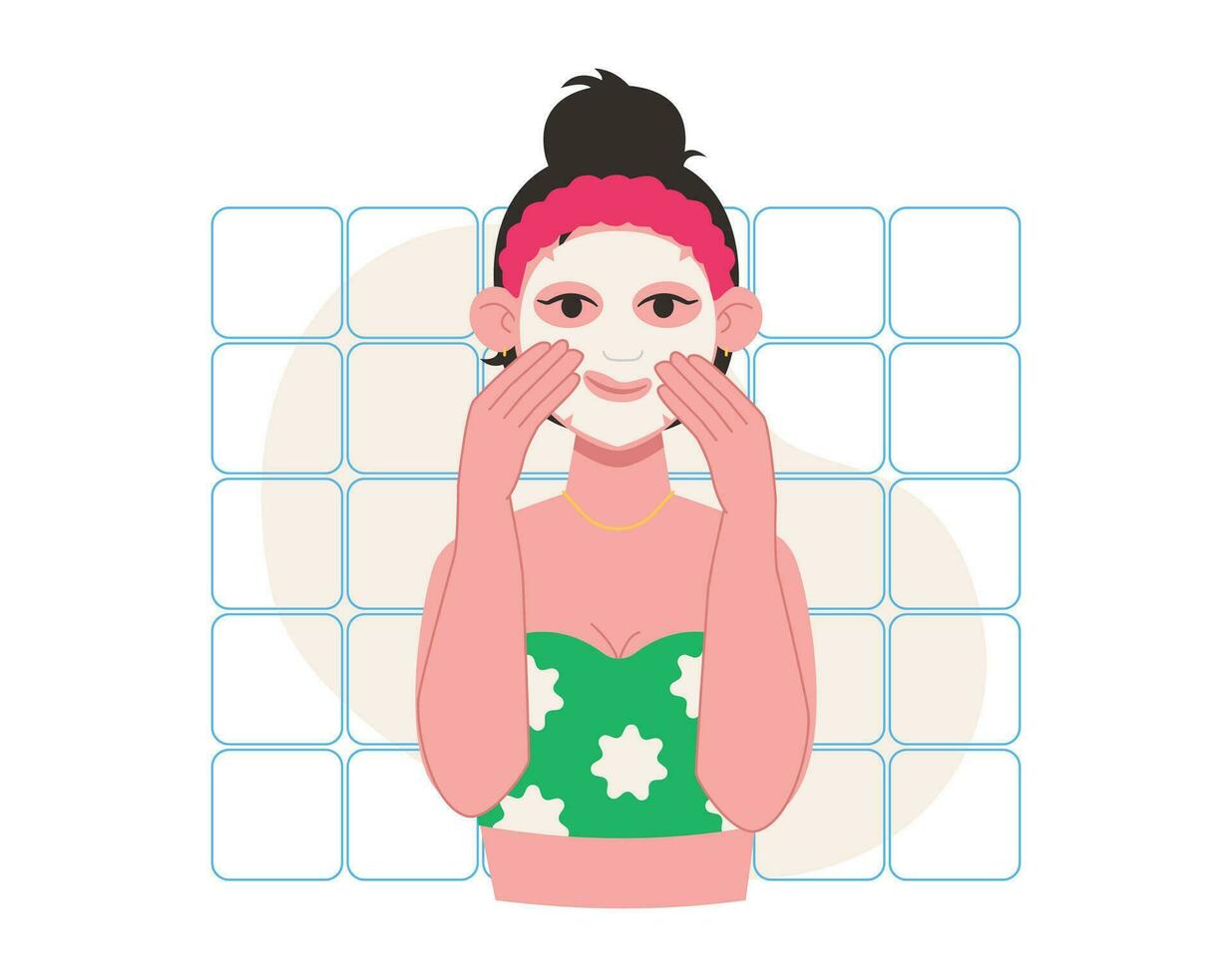 Skin care. Woman puts on a cosmetic sheet mask on her face. Vector graphic.