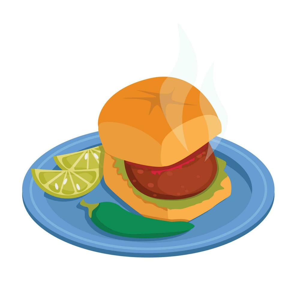 Vada Pav. Indian food. Cream and potato cake with spices in a bun. Vector graphic.