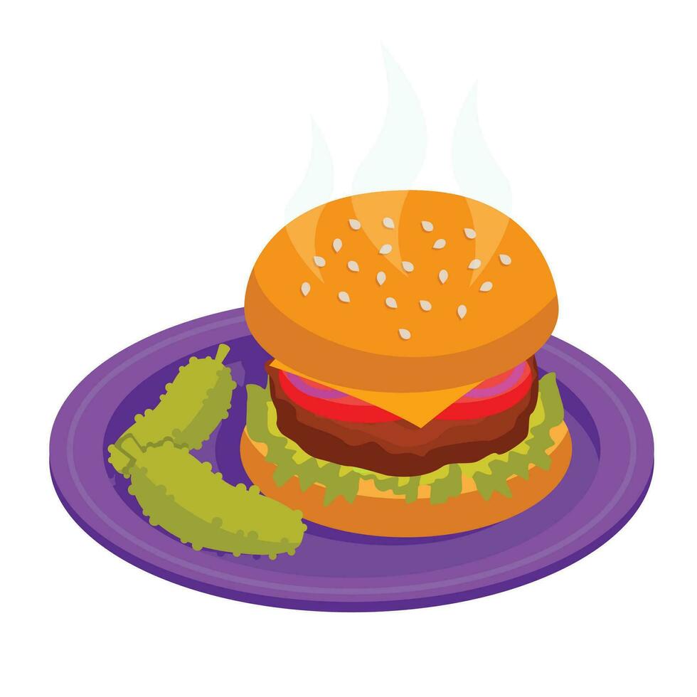 Burger with meatballs, vegetables and cheese. Bun with stuffing. Vector graphic.
