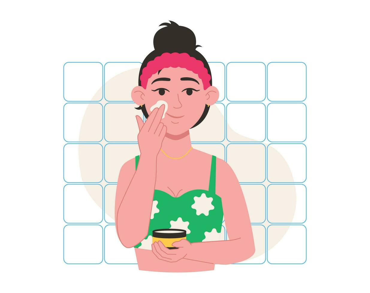 Skin care. Woman applies face cream. Vector graphic.