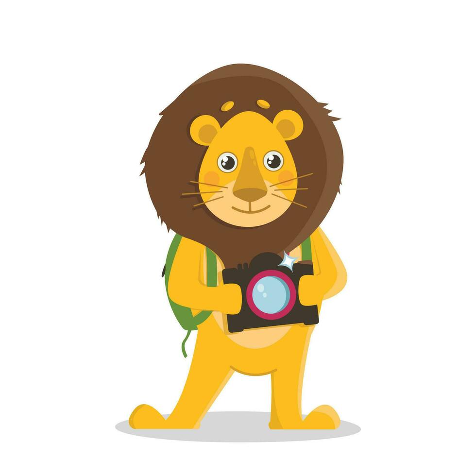 Lion with a backpack on a tourist vacation, holding a camera. Vector graphic.
