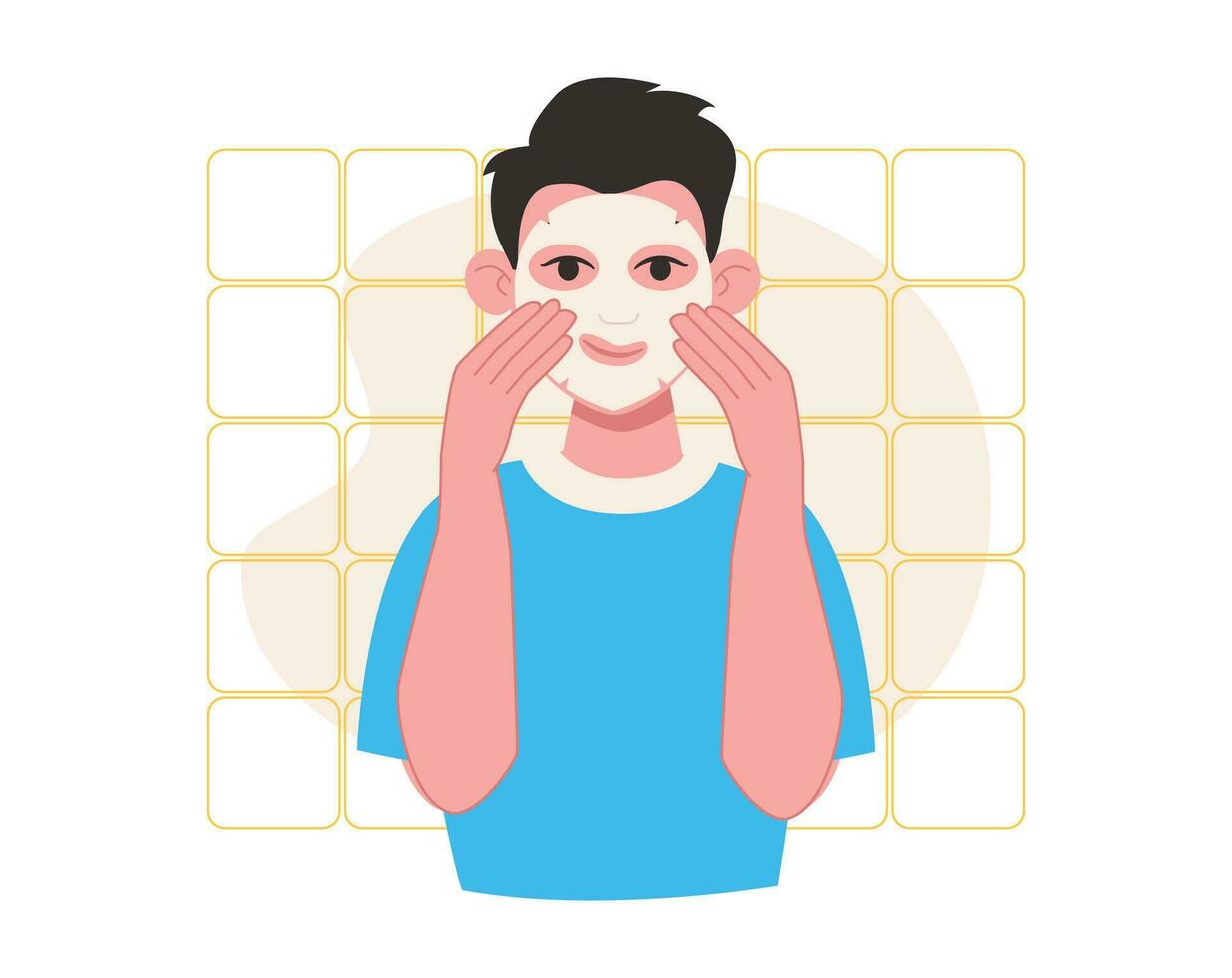 Skin care. Man puts on a cosmetic sheet mask on her face. Vector graphic.