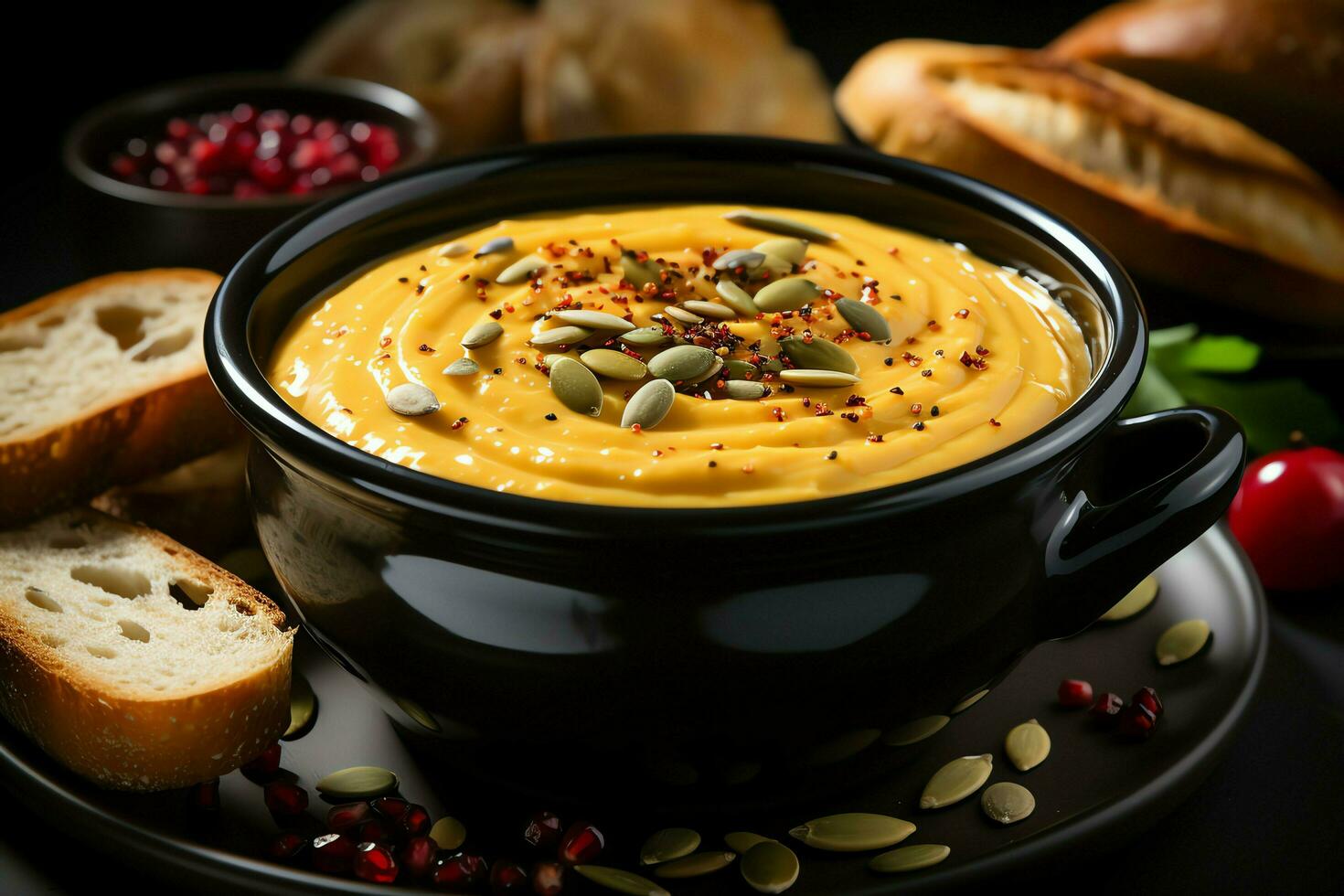 A delicious pumpkin soup food cream in a bowl. Winter food and high healthy soup meal concept by AI Generated photo