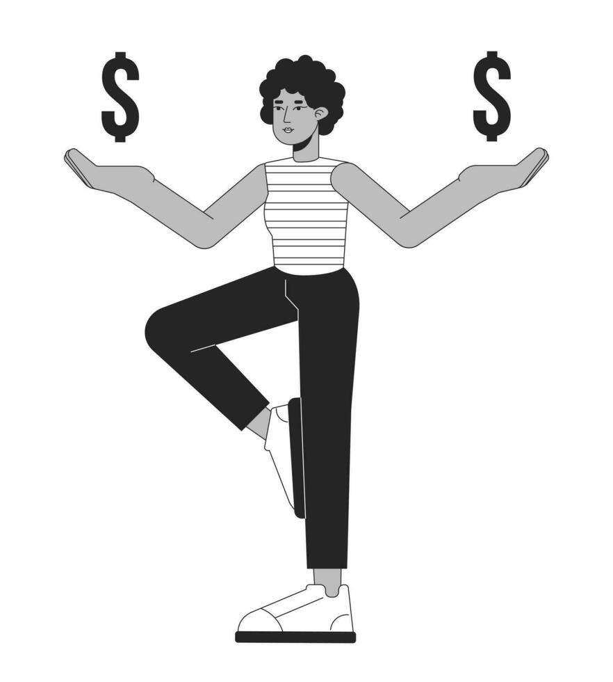 equilibrio dólar finanzas plano línea negro blanco vector personaje. editable contorno lleno cuerpo persona participación dolares señales en manos. sencillo dibujos animados aislado Mancha ilustración para web gráfico diseño