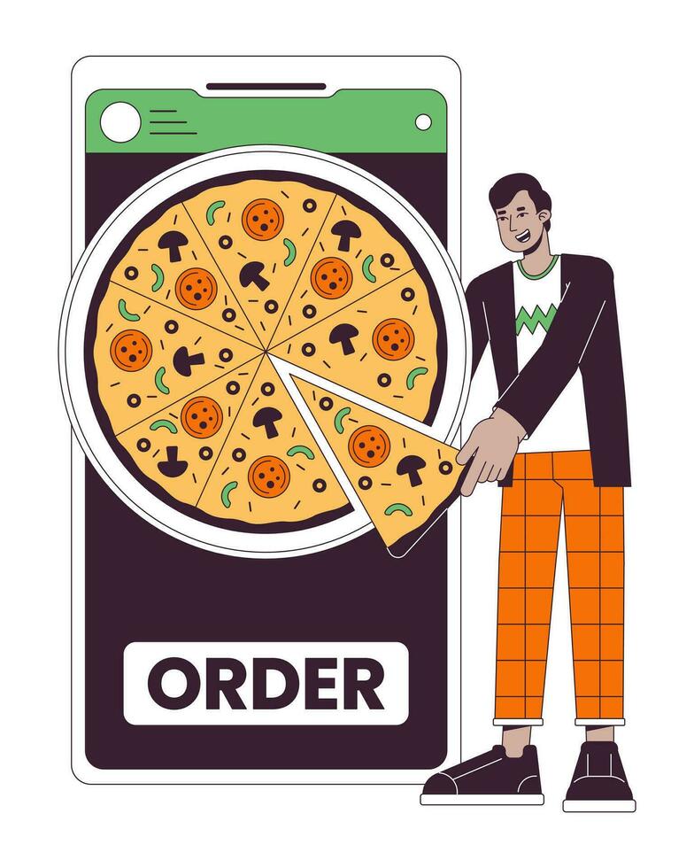 Online ordering food flat line concept vector spot illustration. Man buying pizza by smartphone 2D cartoon outline character on white for web UI design. Editable isolated color hero image