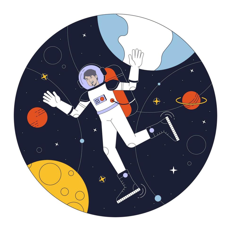 Astronaut in space flat line concept vector spot illustration. Man in space suit among planets 2D cartoon outline character on white for web UI design. Editable isolated color hero image