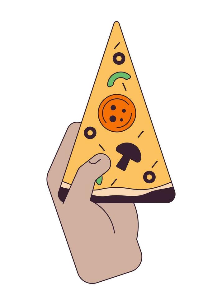 Hand holding pizza slice flat line concept vector spot illustration. Fast food 2D cartoon outline hand on white for web UI design. editable isolated color hero image