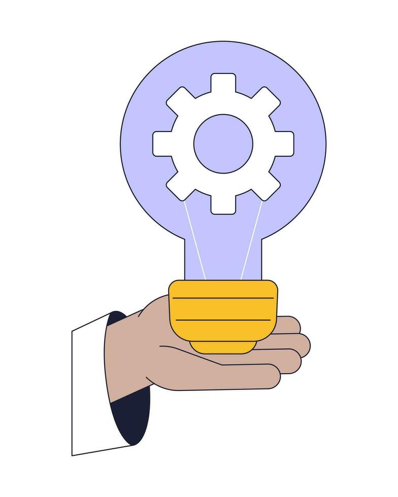 Invention flat line color isolated vector object. Hand holding light bulb with gear inside. Editable clip art image on white background. Simple outline cartoon spot illustration for web design