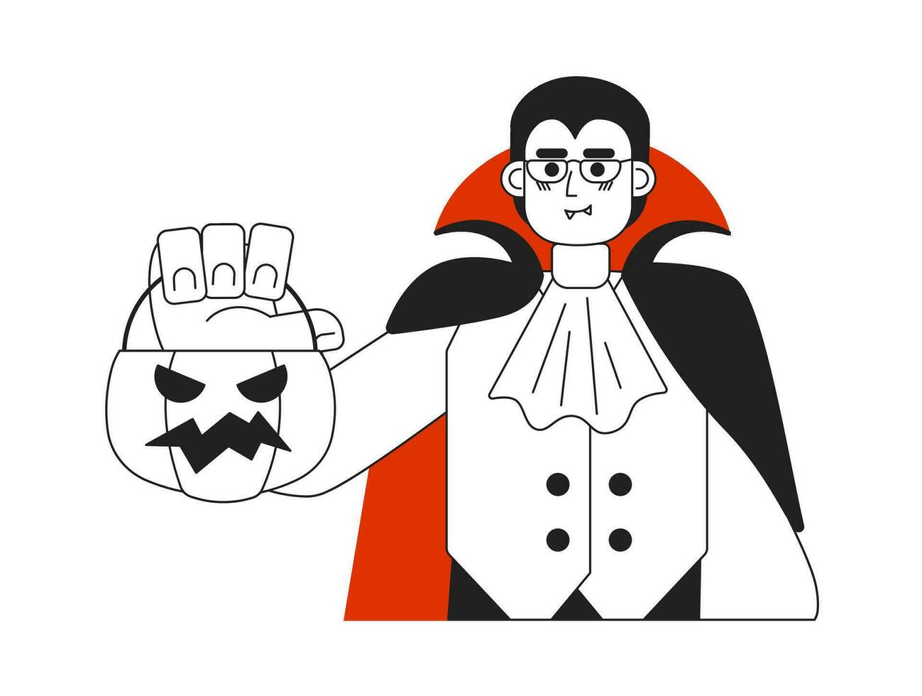 Glasses vampire holding trick or treat basket monochromatic flat vector character. Dracula costume. Editable thin line half body person on white. Simple bw cartoon spot image for web graphic design