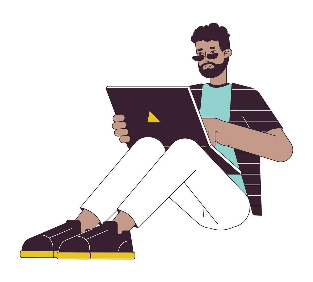 Happy young man sitting with laptop flat line color vector character. Editable outline full body freelancer working on white. Simple cartoon spot illustration for web graphic design