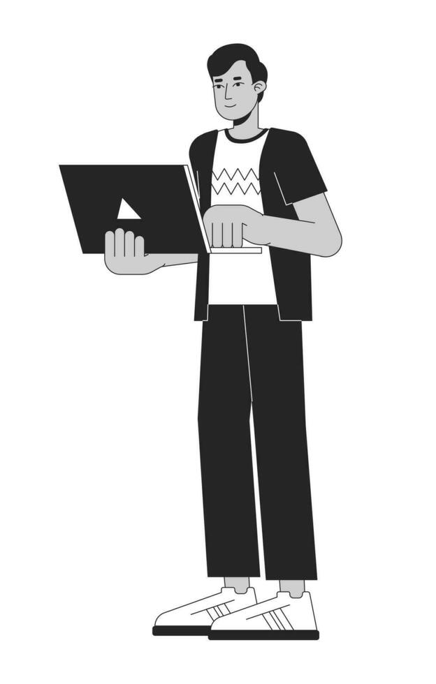 Promising young man holding laptop flat line black white vector character. Editable outline full body hardworking person. Simple cartoon isolated spot illustration for web graphic design