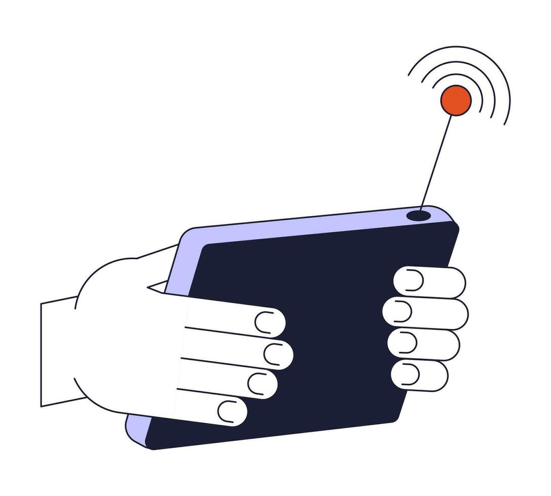 Wireless control console flat line color isolated vector object. Hand holding device. Editable clip art image on white background. Simple outline cartoon spot illustration for web design