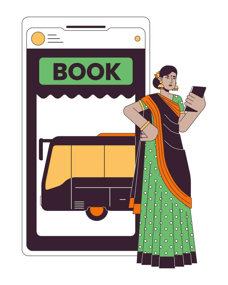 comprando boleto en autobús en línea plano línea concepto vector Mancha ilustración. mujer en sari utilizando teléfono inteligente 2d dibujos animados contorno personaje en blanco para web ui diseño. editable aislado color héroe imagen