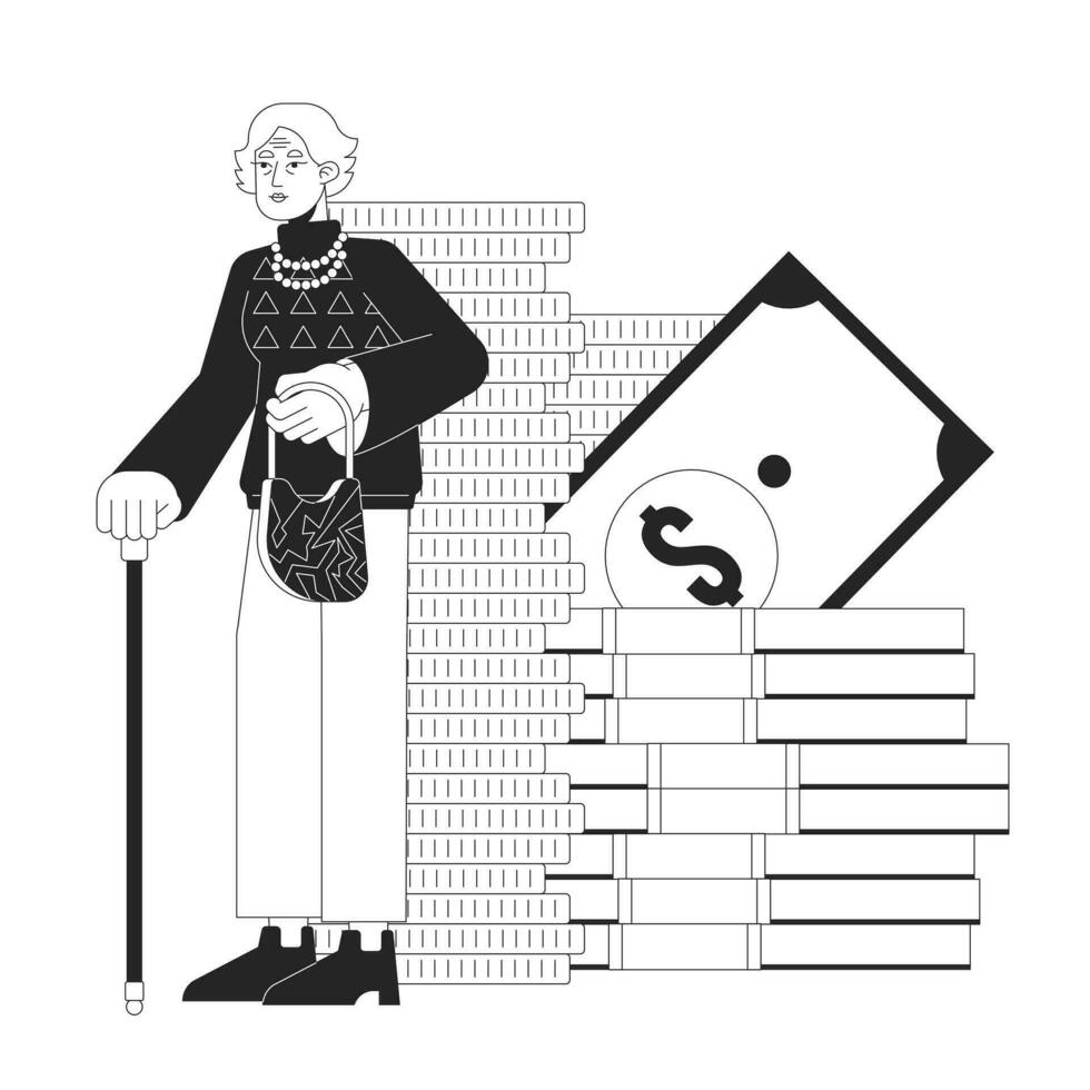 Elderly businesswoman accumulating money bw concept vector spot illustration. Woman with walking stick 2D cartoon flat line monochromatic on white for web UI design. Editable isolated color hero image