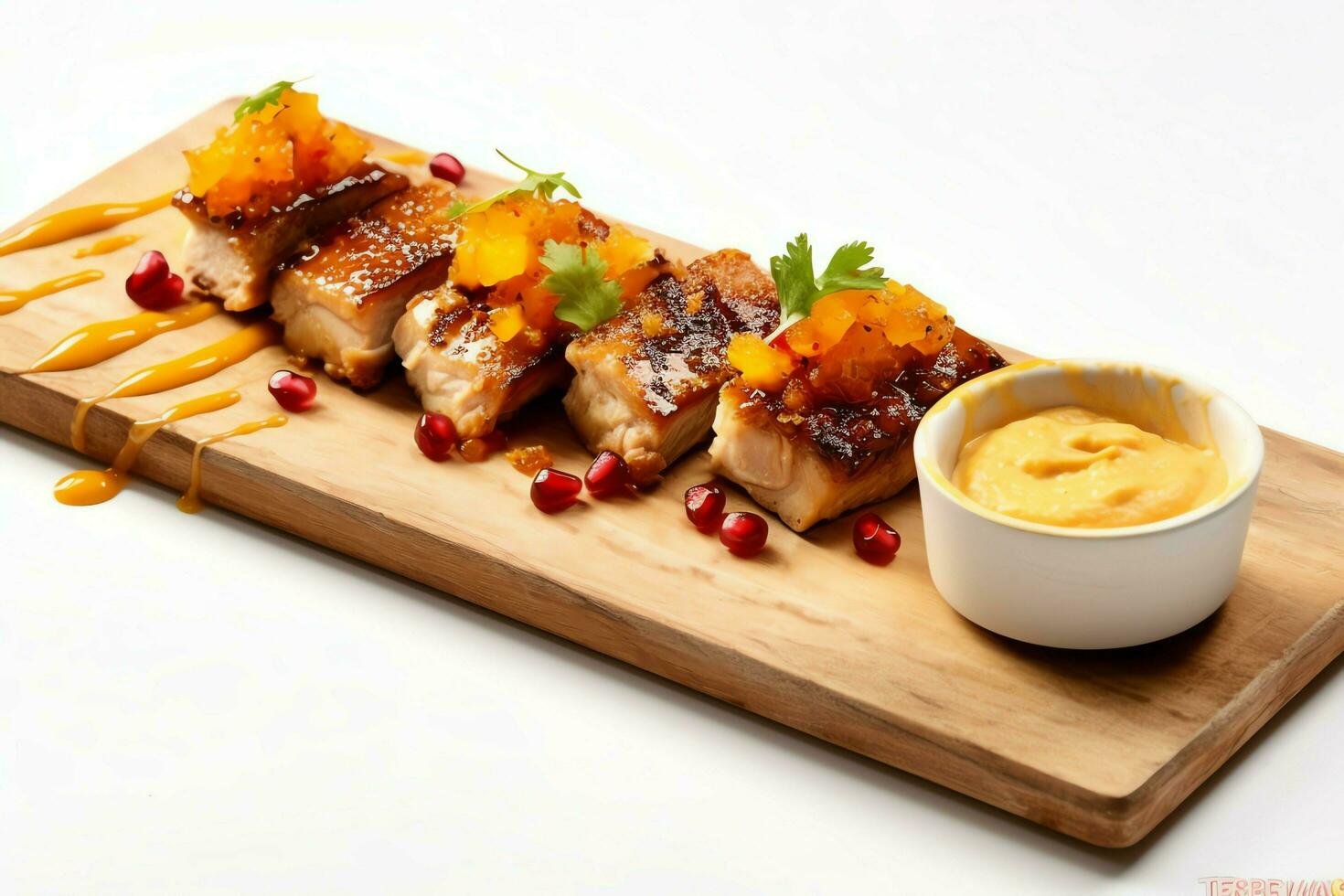 Pork belly braaivleis with mango and chili sauce served on a wooden plank. Restaurant food concept by AI Generated photo
