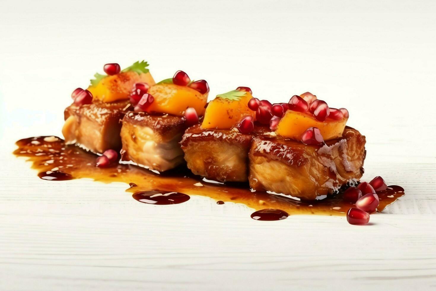 Pork belly braaivleis with mango and chili sauce served on a wooden plank. Restaurant food concept by AI Generated photo