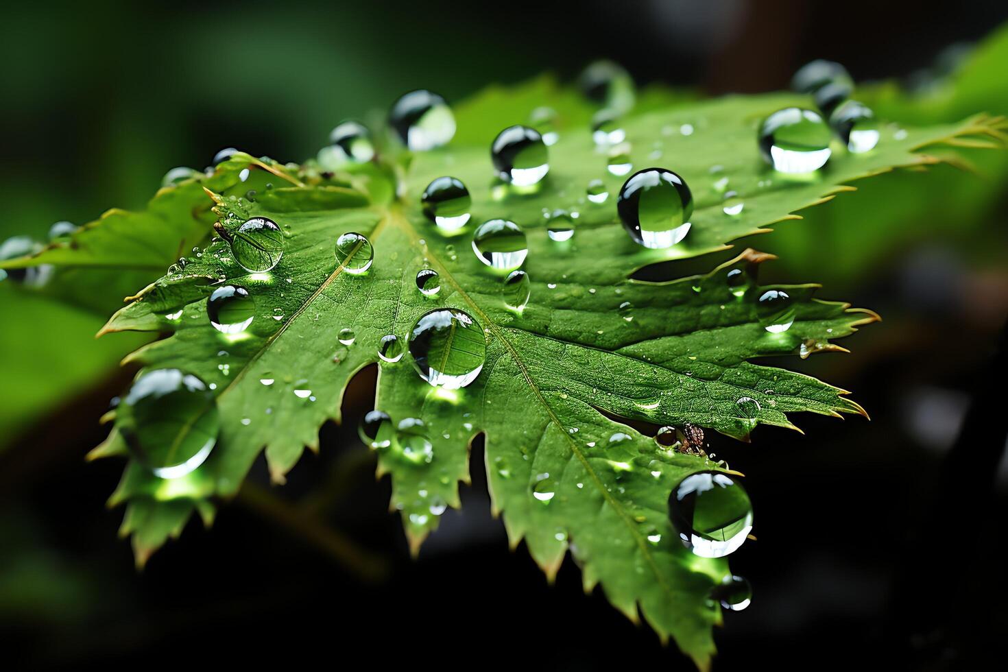 Macro shot of green leaves with water droplets, dew or rain drop on them. Green leaf nature forest concept by AI Generated photo