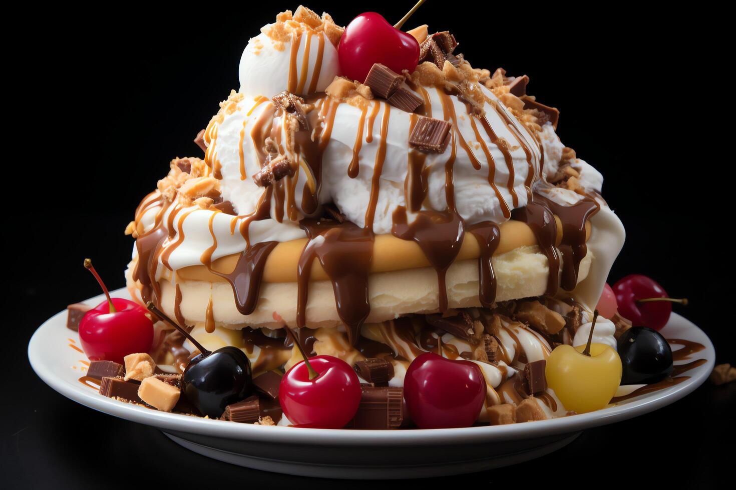 A delicious Banana split ice cream dessert with chocolate syrup. Banana split ice cream dessert by photo