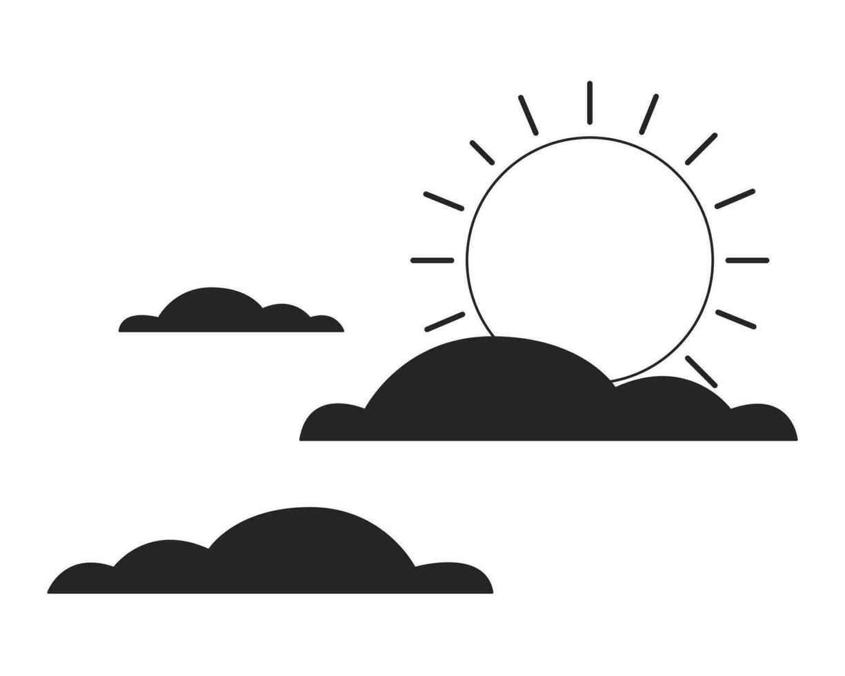 Rising sun clouds flat monochrome isolated conceptual clipart. Weather forecast. Cloudy summer. Editable black and white line vector object. Simple outline spot illustration for web graphic design