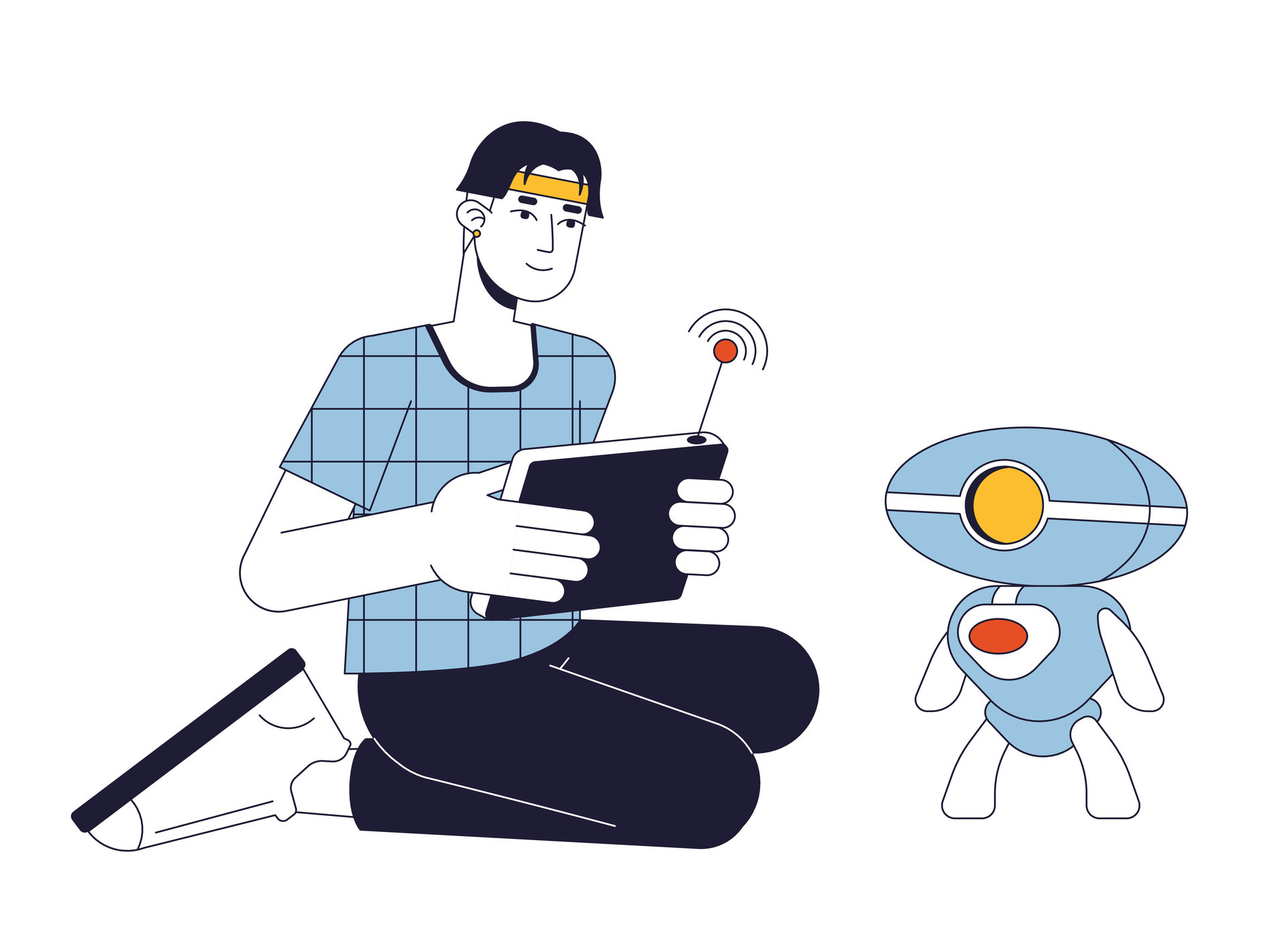 Robotics engineer flat line concept vector spot illustration. Man with wireless console testing