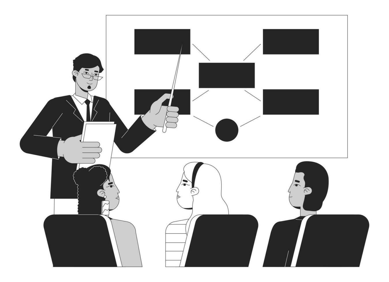 University professor lecture bw vector spot illustration. Lecturer teaching college students 2D cartoon flat line monochromatic characters for web UI design. Editable isolated outline hero image
