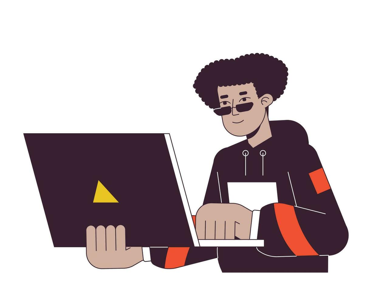 Busy latinamerican employee flat line color vector character. Editable outline half body freelancer holding laptop on white. Simple cartoon spot illustration for web graphic design