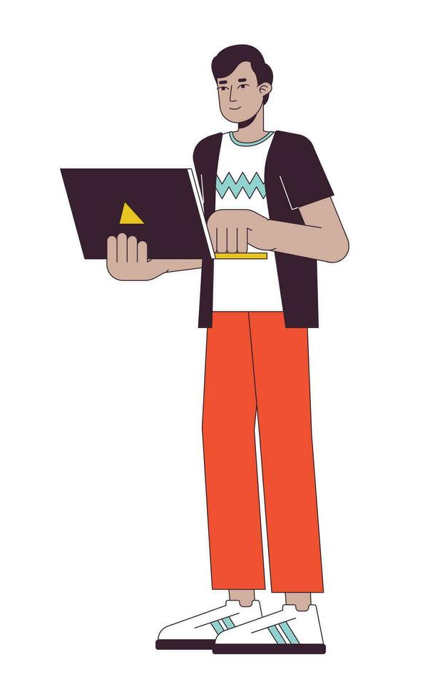 Promising young man holding laptop flat line color vector character. Editable outline full body hardworking person on white. Simple cartoon spot illustration for web graphic design