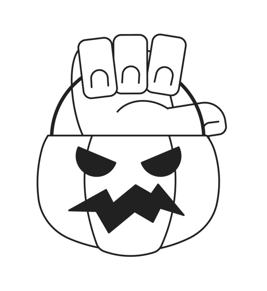 Holding Halloween pumpkin basket monochrome flat vector hand. Trick or treat bucket. Jack o lantern. Editable thin line closeup clip art on white. Simple bw cartoon spot image for web graphic design
