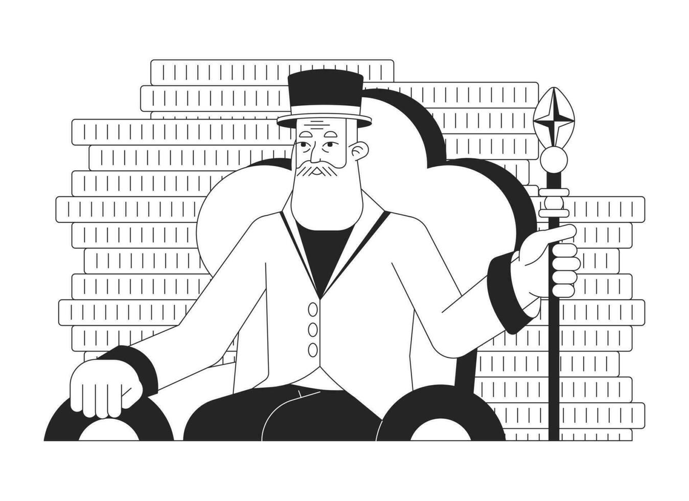 Rich man flat line black white vector character. Male in suit and hat holding staff. Editable outline full body person on white. Simple cartoon isolated spot illustration for web graphic design