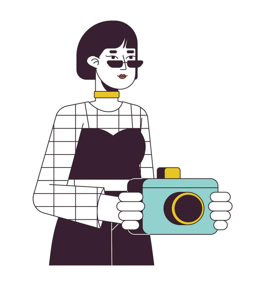 Pretty photographer with camera flat line color vector character. Editable outline half body asian girl in sunglasses taking picture on white. Simple cartoon spot illustration for web graphic design