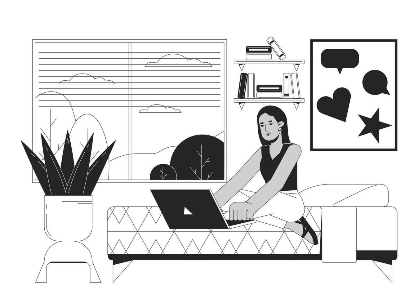 University student homework bw vector spot illustration. Studying college student laptop in bed 2D cartoon flat line monochromatic character for web UI design. Editable isolated outline hero image