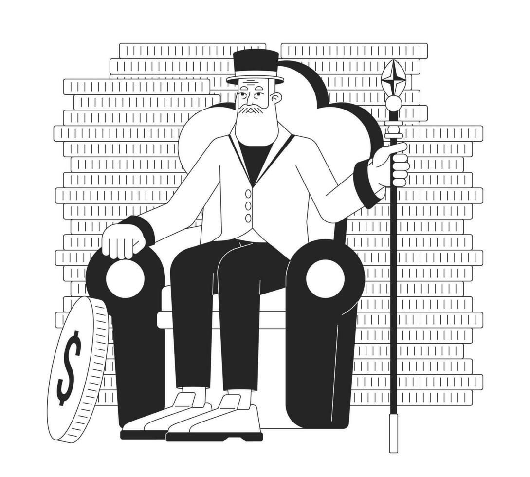 Old man in chair holding staff bw concept vector spot illustration. Rich man on coins wall background 2D cartoon flat line monochromatic on white for web UI design. Editable isolated color hero image