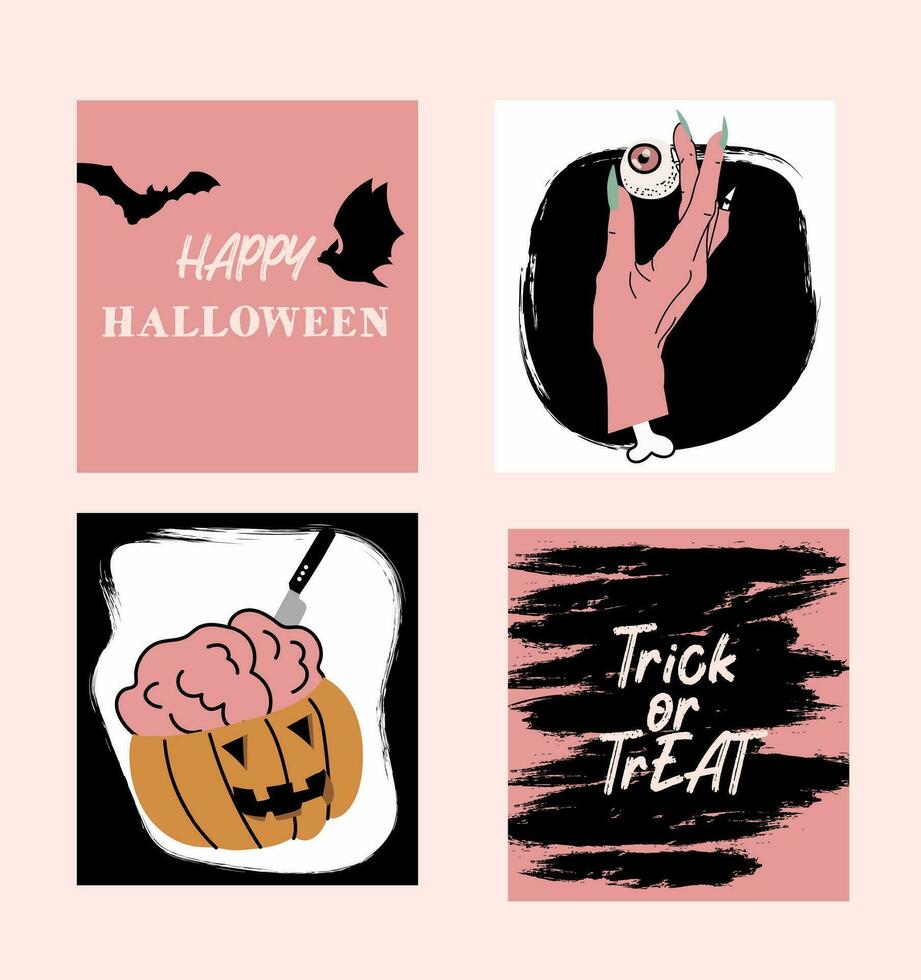 trick or treat pink Halloween greeting cards collection. vector