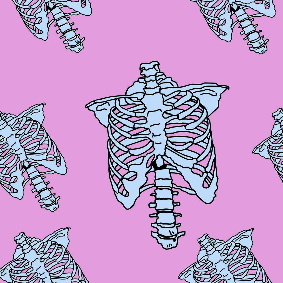 pink hand-drawn Halloween skeleton seamless pattern. vector