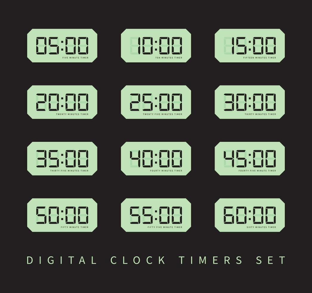 conjunto de retro inspirado Temporizador íconos con diferente intervalos, lcd LED píxel diseños desde 5 5 a 60 60 minutos vector