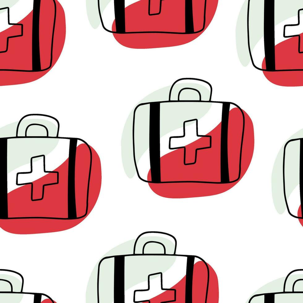 Seamless pattern Doodle first aid kit. First aid kit in case of AIDS vector