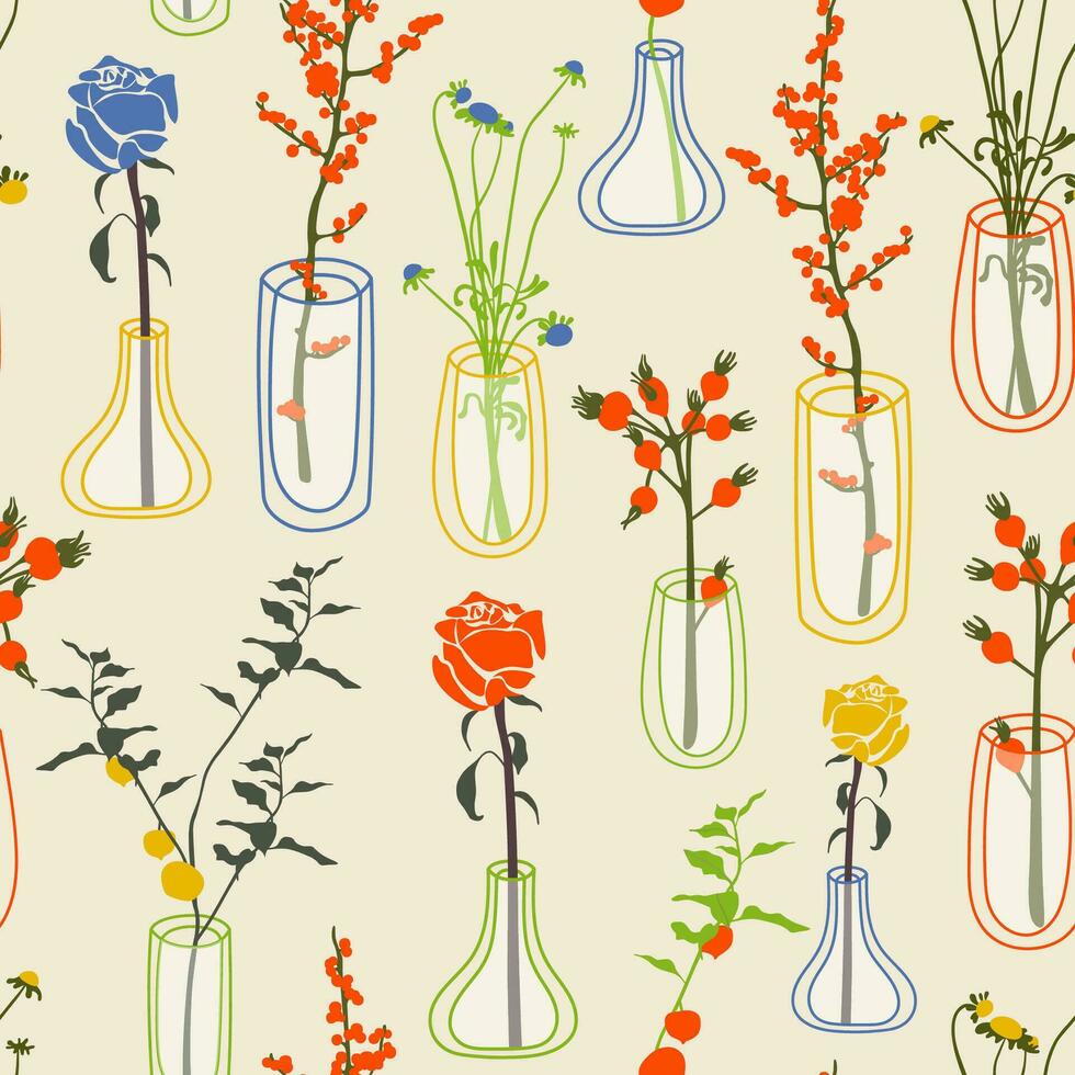 Pattern of vases with flowers and branches in it. Hand drawn floral illustration. Home decor concept. Modern flat drawing for logo, pattern, web and app design. vector
