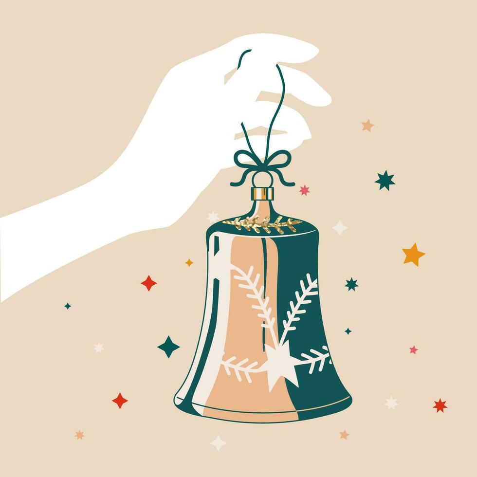 Hand holding Christmas bell decoration illustration in retro style. Xmas colorful decoration and stars, vector vintage print illustration. Greeting card, invitations, wallpaper, print.